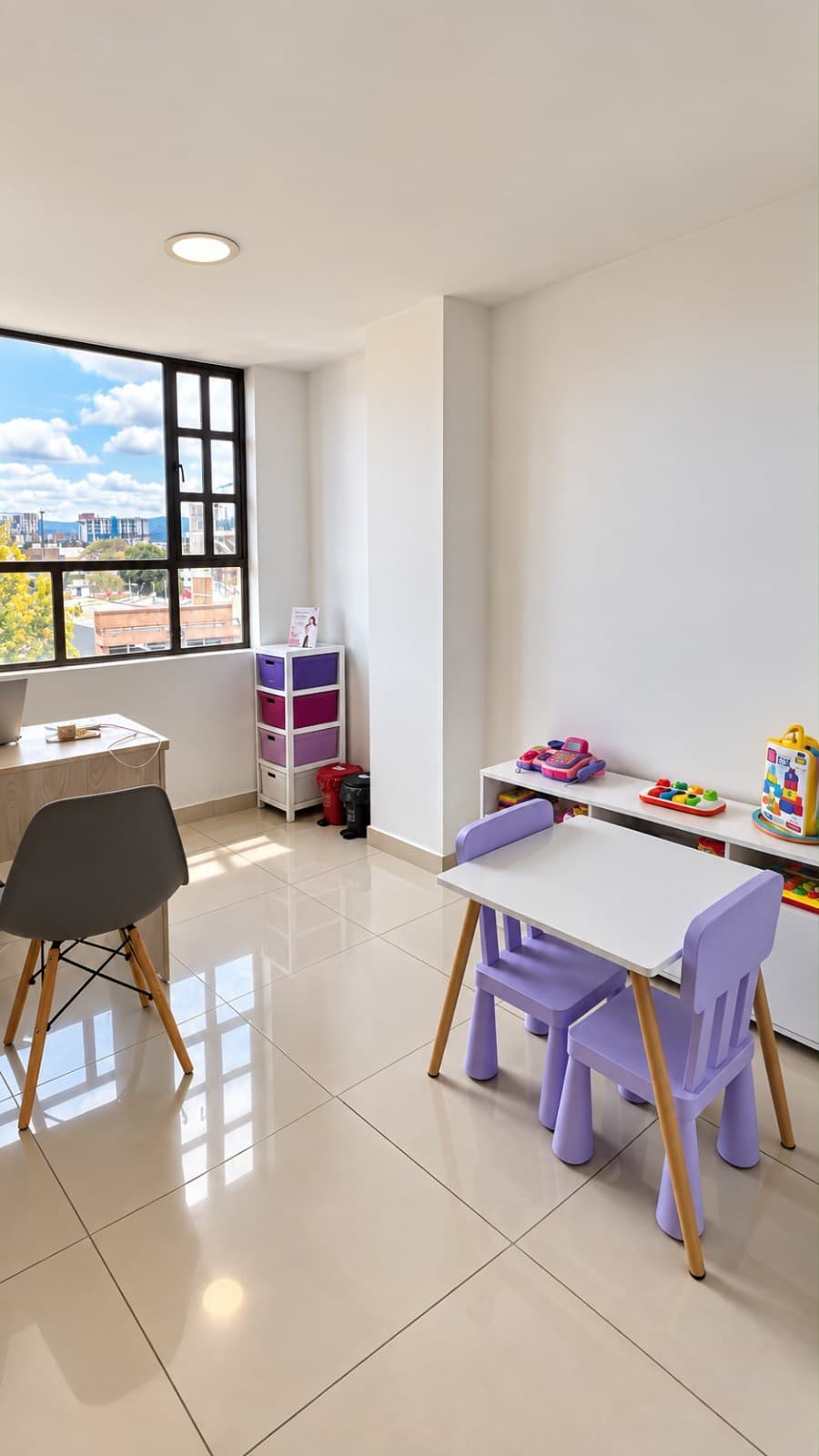 Consultorio de atención con escritorio, mesa infantil y ventana con vista de la ciudad en Centro Terapéutico Empiria.