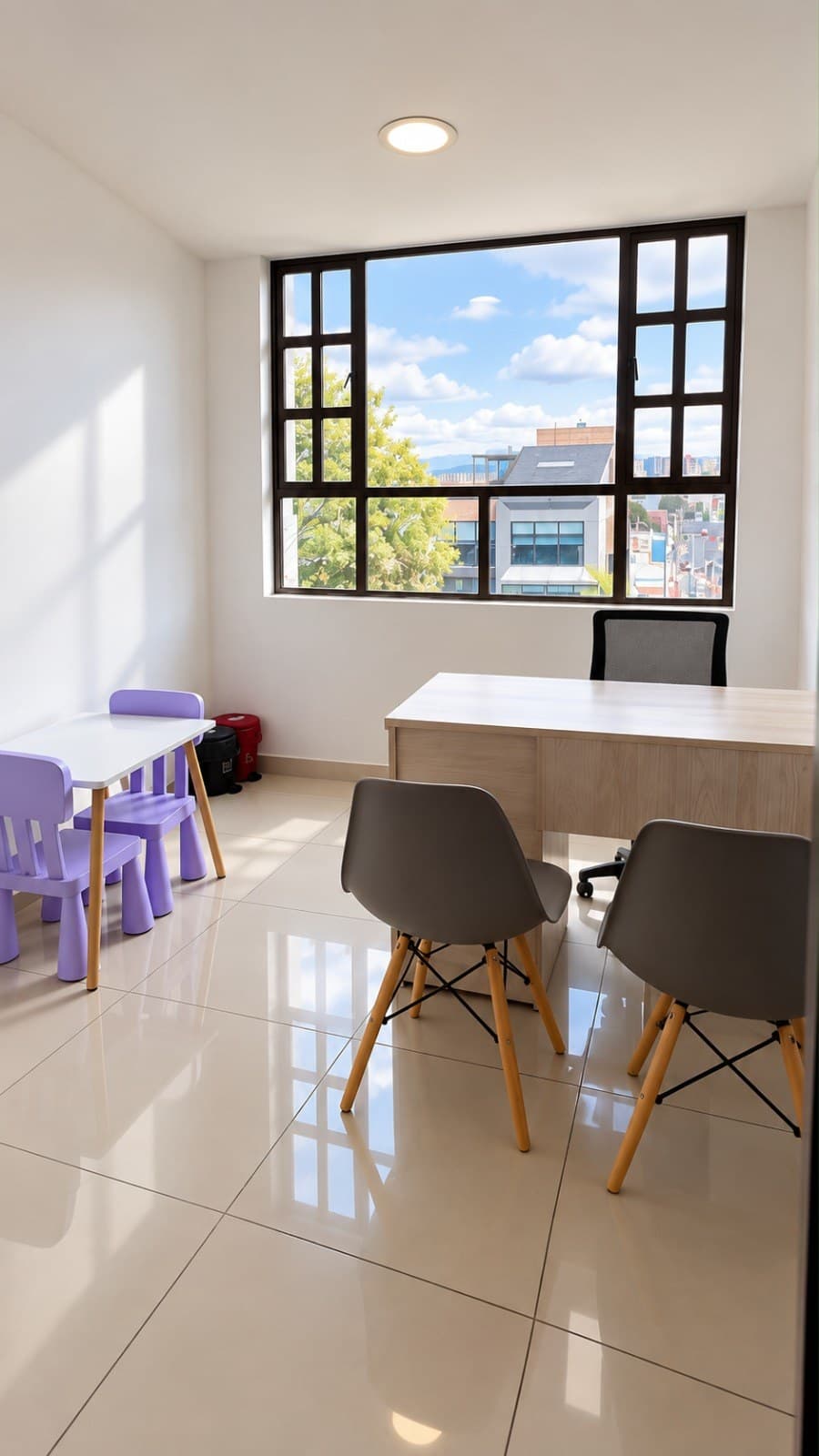 Vista del consultorio con escritorio de atención y zona de juego para niños.